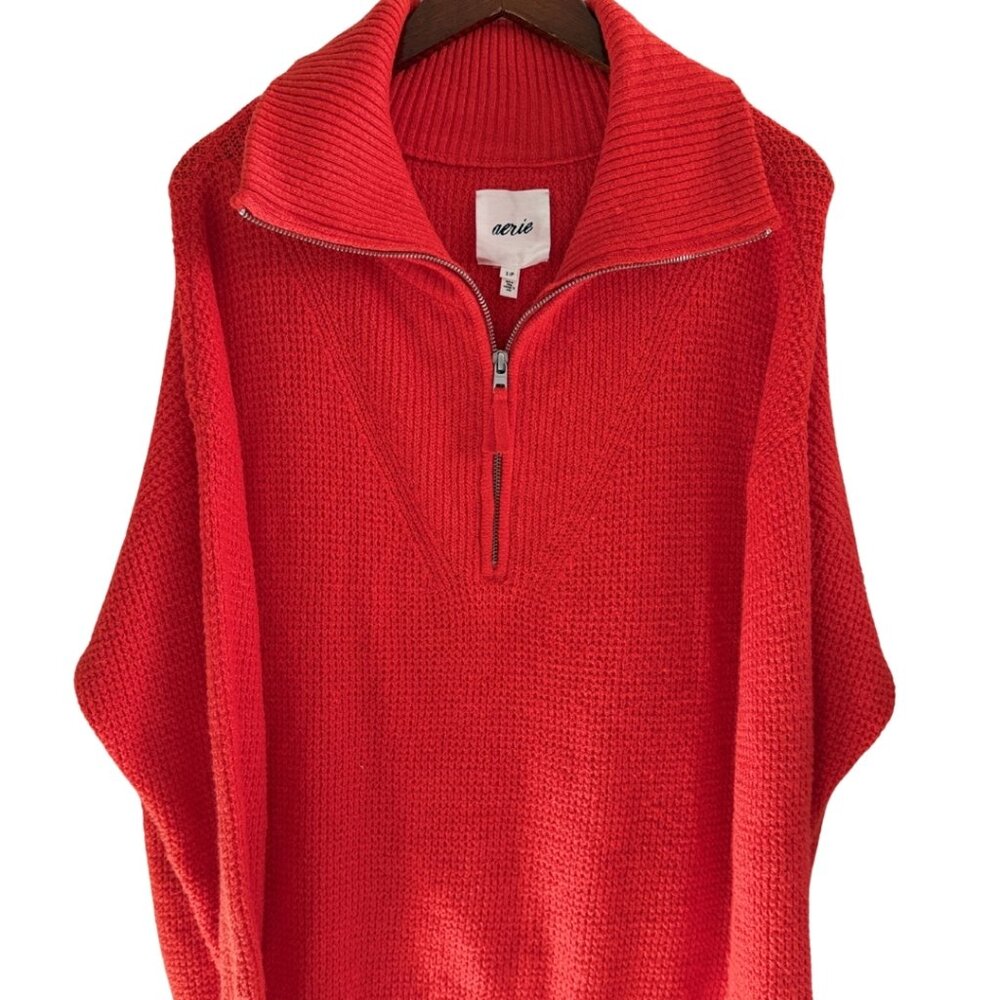 Aerie Oversized Half Zip Sweater Orange Knit Pullover Size Small